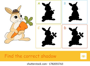 Find the correct shadow quiz learning children game with cute rabbit holding a carrot and four silhouette shadows for the youngest children. Learning of wild animals