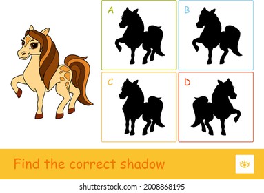 Find the correct shadow quiz learning children game with a skewbald horse and four silhouette shadows for the youngest children. Learning of farm animals for kids.