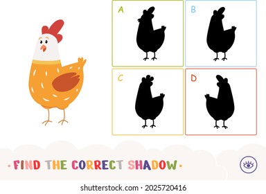 Find the correct shadow quiz learning children game with simple illustration of a cartoony chicken and four silhouette shadows for the youngest children. Fun and learning of domestic animals for kids.