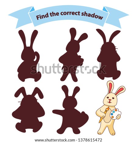 Find the correct shadow rabbit the artist with a brush and paints of paltry.Educational game for children cute hare.Flat illustration vector. A game concept for kindergarten, elementary school.