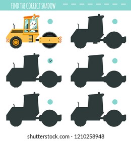 Find the correct shadow. Rabbit in the cab of a road roller.  Learning children game.
