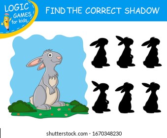 Find the correct shadow the Rabbit. Cute cartoon rabbit on colorful background. Educational matching game for child with fun character. Logic Games for Kids. Learnig card for kindergarten or school.