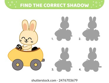Find the correct shadow. Rabbit is driving yellow car. Shadow matching game. Cartoon. Isolated vector illustration eps 10
