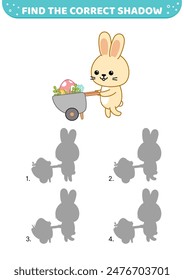 Encuentra la sombra correcta. Conejo, Carrito, huevo de Pascua. Juego de coincidencia de sombras. Caricatura. Ilustración vectorial aislada eps 10