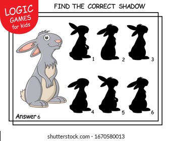 Find the correct shadow Rabbit. Task with answer. Cute cartoon Bunny. Learning matching game for child with fun animal. Logic Games for Kids. Education card with task for child school or kindergarten.