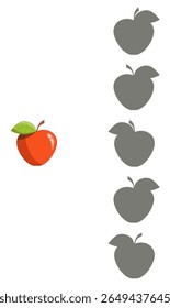Find the correct shadow of the red apple. Vector illustration on a white background for children's entertainment, activity book, worksheet.
