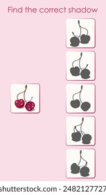 Find the correct shadow of red cherries. Worksheet for children's activity book. Cartoon vector illustration.