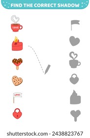 Find the correct shadow. Red elements of Valentines day. Shadow matching game. Cartoon. Isolated vector illustration eps 10