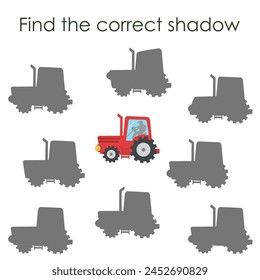 Find the correct shadow of red tractor. Worksheet for children's activity book. Cartoon vector illustration.