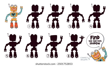 Find the correct shadow. Retro robot. Funny cartoon characters robots. Choose right silhouette. Educational game for kids. Attention task. Worksheet page. Activity book. Isolated vector illustration