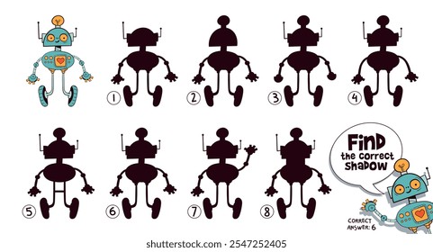 Encontre a sombra correta. Robô retrô. Engraçado personagens de desenhos animados robôs. Escolha a silhueta direita. Jogo educacional para crianças. Tarefa de atenção. página Planilha. Registro de atividades. Ilustração isolada de vetor