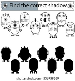 Find the correct shadow. Robot.  Educational game for children. Black and White. Vector illustration.