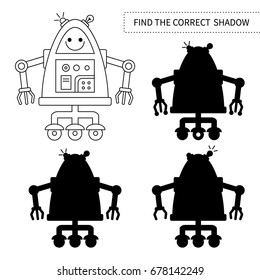 Find the correct shadow of robot.Children educational game.Vector illustration.