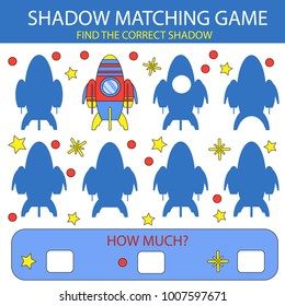 Find the correct shadow rocket among differences. Shadow Matching children game. Funny riddle entertainment. Game tasks for attention. Kids Mathematical exercise. Vector illustration.