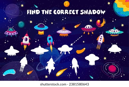 Find the correct shadow of rocket and UFO spaceships kids game worksheet. Vector matching quiz puzzle with cartoon rockets and flying saucers on starry space landscape background, fantasy space game