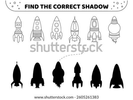 Find the correct shadow. Rockets. Black and white. Shadow matching game. Isolated vector illustration eps 10