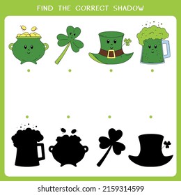 Find the correct shadow for Saint Patricks day symbols. Vector worksheet of simple educational game for kids