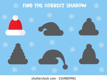 Find the correct shadow of Santa Claus cap. Educational worksheet for preschool kids