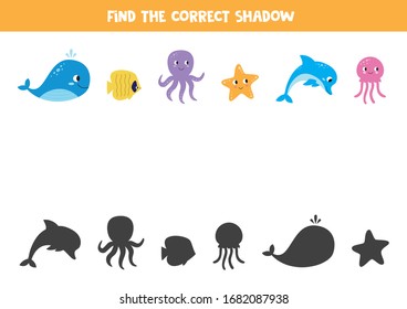 Find the correct shadow of sea animals. Logical game for kids.