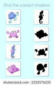 Find the correct shadow of the sea animals. Worksheet for children's education. Cartoon vector illustration for activity book.