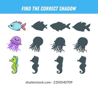 Find correct shadow of sea animals. Educational logical game for kids. Cartoon fish, sea ​​horse and jellyfish. Vector