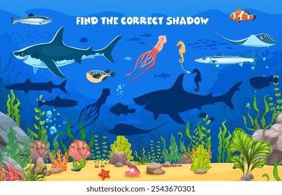 Finden Sie den richtigen Schatten von Meerestieren auf Unterwasser Landschaft Vektor Kinder Spiel Arbeitsblatt. Rätsel-Quiz mit Meerestieren und Fischen mit Cartoon-Haien, Tintenfischen, Thunfischen und Seepferdchen, Clownfischen und Hechtfiguren