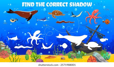 Find the correct shadow of sea animals at underwater landscape, kids game worksheet. Similarity search kids quiz or game vector worksheet with seal, turtle, octopus and puffer, marlin, moray eel