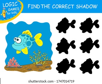 Find the correct shadow the Sea fish. Cute cartoon tropical fish on colorful background. Educational matching game with fun character. Logic Game for Kid. Learnig card for child kindergarten or school
