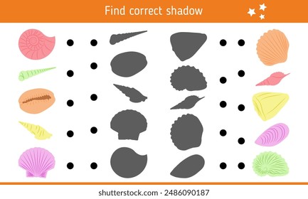 Find correct shadow for seashells. Children's educational game, logical task. Riddle, quiz for kids. Vector illustration.