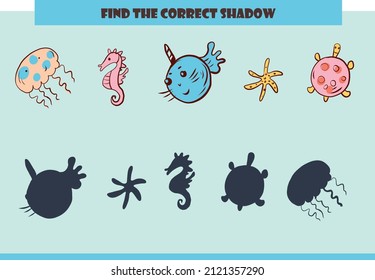 Find the correct shadow. A set of cute marine characters. An educational game for children.
