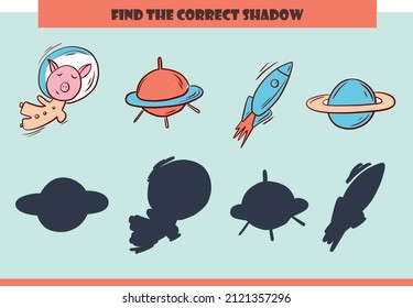 Find the correct shadow. Set of cute space characters for boys. Educational game for kids.