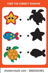 Find The Correct Shadow. Set -Funny Little Starfish, Fish, Sea Turtle. Educational Matching Game For Kids. Worksheet For Preschoolers. Vector Illustration.