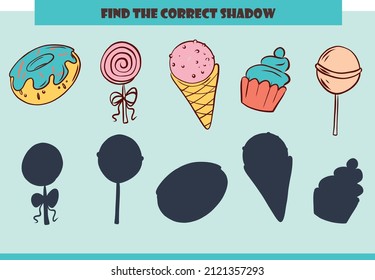 Find the correct shadow. Set of sweet confectionery elements. Educational game for kids.