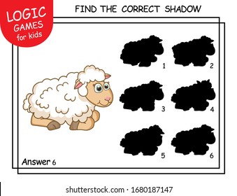 Find the correct shadow sheep. Cute cartoon Lamb. Educational matching game for children with cartoon character. Logic Games for Kids. Education card with task for children preschool or kindergarten