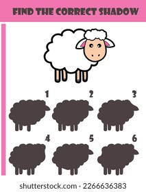 Encuentra la sombra correcta Sheep. Cuta caricatura Juegos Lógicos Ovinos para Niños. Educación. Para el preescolar o el jardín de infancia. Tarea con respuesta. Aprendiendo a hacer correspondencias entre niños y animales.