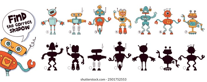 Find the correct shadow. Similar items. Funny cartoon characters robots. Choose right silhouette. Educational game for kids. Worksheet page. Activity book. Attention task. Isolated vector illustration