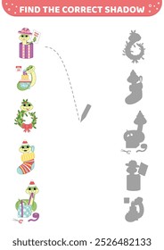 Encuentra la sombra correcta. Serpiente, Navidades, Nuevo año. Sombra juego a juego. Caricatura. Ilustración vectorial aislada eps 10