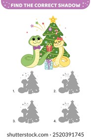Encuentra la sombra correcta. Snakes está celebrando Navidades y Nuevo año. Caricatura. Ilustración vectorial aislada eps 10