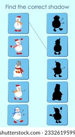 Find the correct shadow of snowmen. Worksheet for activity book. Cartoon vector illustration for children's entertainment.