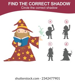 Find the correct shadow of a sorcerer or wizard reading the spell book. Matching shadow game for children with fairytale kingdom theme. Worksheet for kid. Educational printable worksheet in vector fil