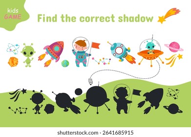 Find correct shadow. Space elements, cartoon astronaut in spacesuit, green aliens, spaceships and comets. Children educational game, nowaday vector scene