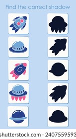 Find the correct shadow of space icons. Worksheet for activity book. Cartoon vector illustration.