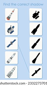 Find the correct shadow of space technology items. Worksheet for children's education. Cartoon vector illustration for activity book.