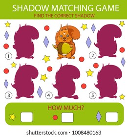 Find the correct shadow squirrel with acorn. Shadow Matching children game. Funny riddle entertainment. Game tasks for attention. Kids Mathematical exercise. Vector illustration.