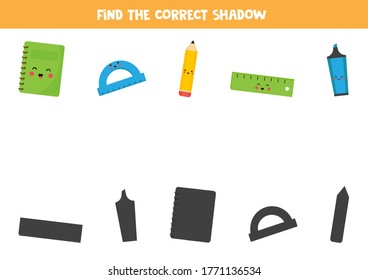 Find the correct shadow of stationery. Cute kawaii copybook, ruler, pencil, highlighter. Educational logical game for kids. Worksheet for preschoolers.