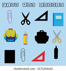 Find correct shadow with stationery school.  Kids educational game. 
