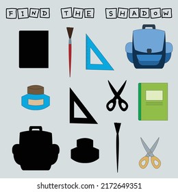 Find correct shadow with stationery school.  Kids educational game. 
