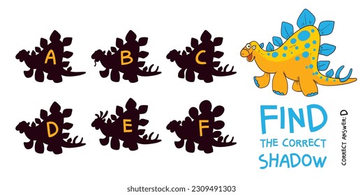 Find the correct shadow. Stegosaurus. Educational game for children. Choose correct answer. Matching game. Colorful cartoon characters. Funny vector illustration. Isolated on white background svg