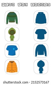 Find correct shadow with  sweater, raincoat, t-shirt, coat.  Kids educational game. 
