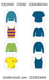 Encuentra la sombra correcta con sudaderas, camisetas, manga larga.  Juego educativo para niños. 
